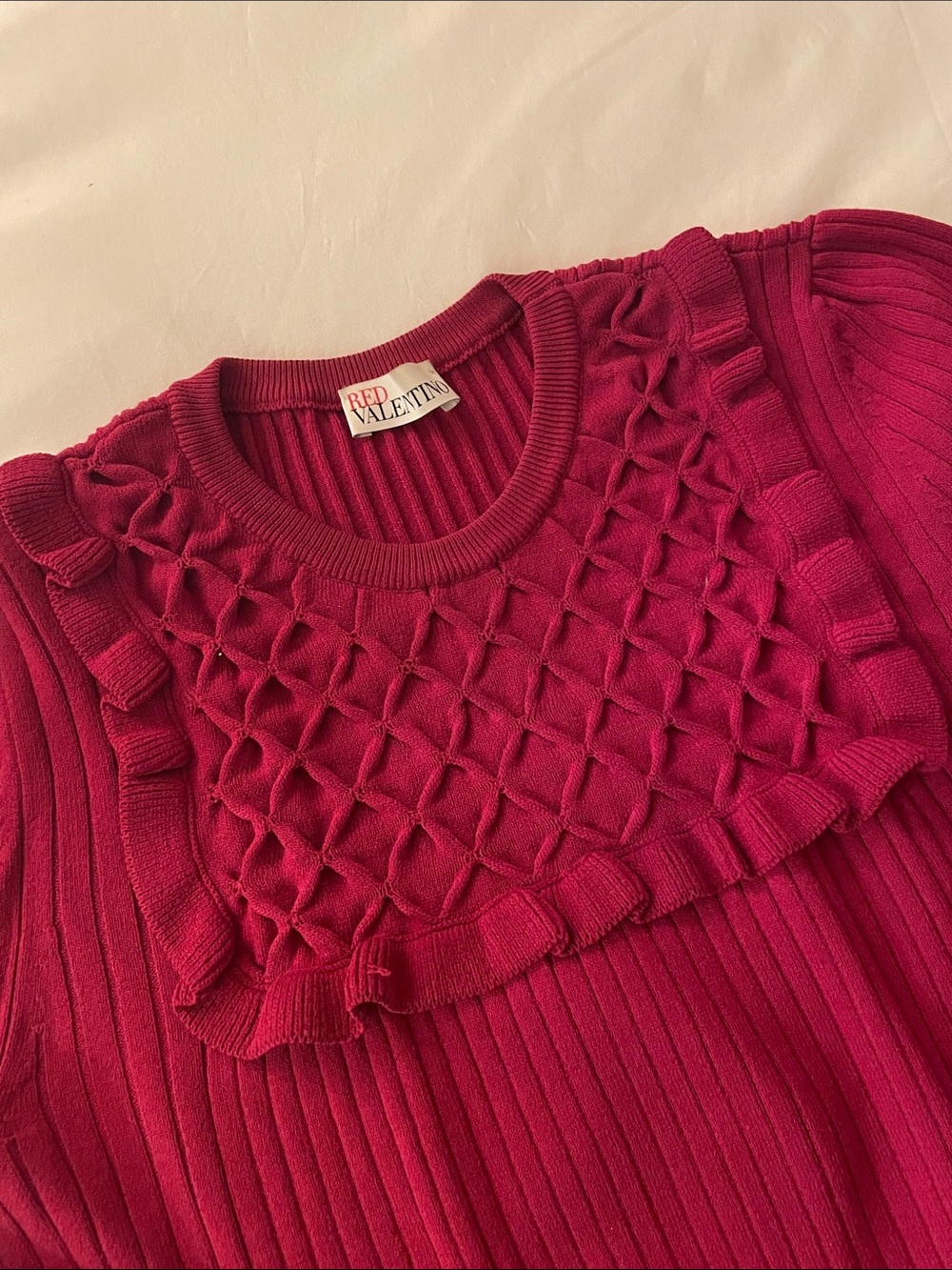 RED Valentino Deep Pink Ribbed Crewneck Sweater with Ruffle Bib Women’s Size L